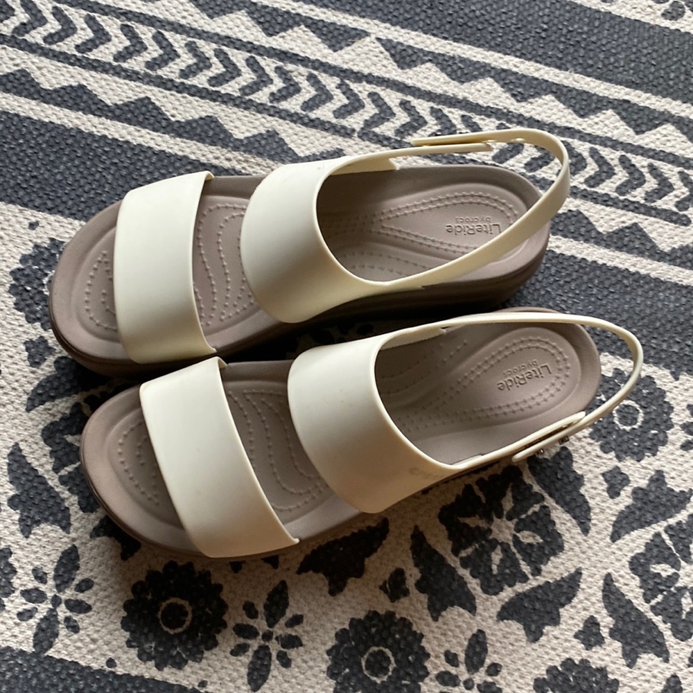 Crocs Brooklyn low wedge sandals.